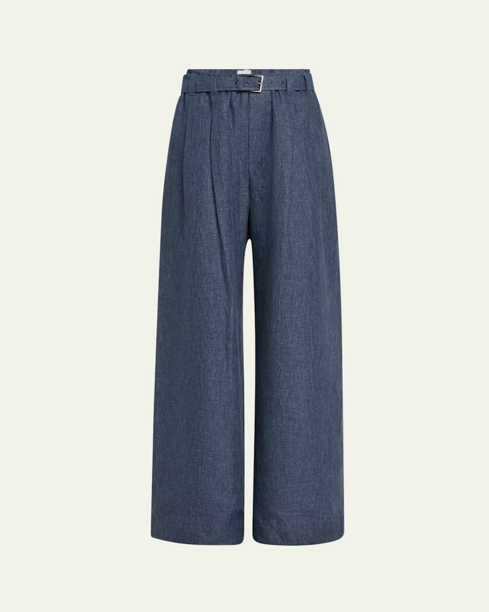 Denim-Effect Linen Wide-Leg Track Pants With Monili Belt Loop